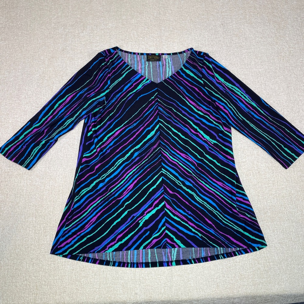 VTG Bob Mackie Wearable Art V-Neck 3/4 Sleeve Striped Tunic Top Womens M A226903